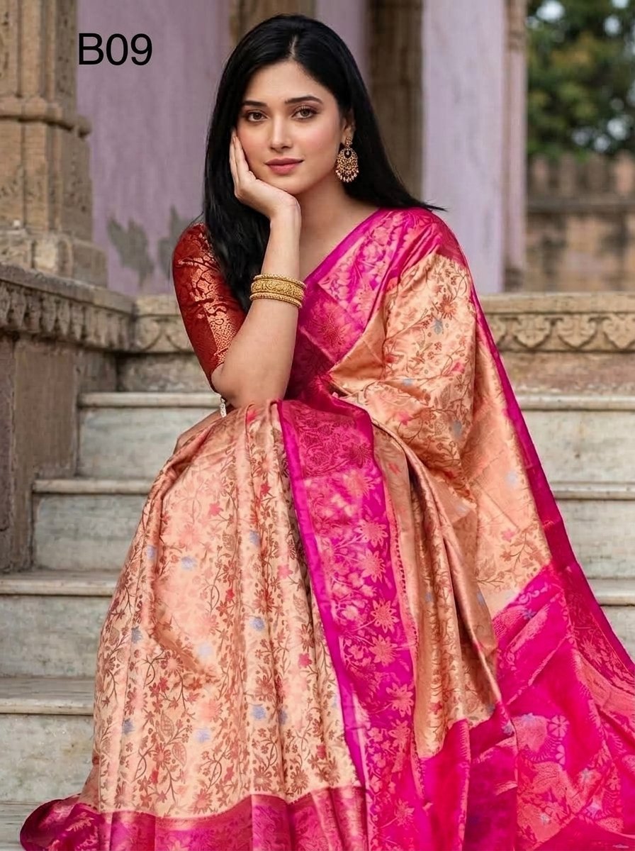 Code-B09 কাঞ্জিভরম কাতান শাড়ি ব্লাউজ পিসসহ
