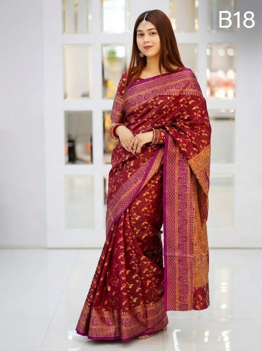 Code-B18 কাঞ্জিভরম কাতান শাড়ি ব্লাউজ পিসসহ